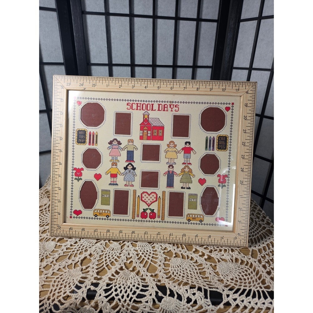 Vintage School Days Cross Stitch cottagecore Prairie Photo Frame Ruler Border